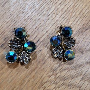 Crystal Earrings, Clip on, Teal color crystal Costume or Formal Retro